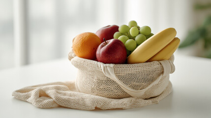 beautiful arrangement of fresh fruits carefully placed in mesh tote bag on clean and ultrabright background
