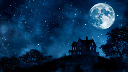 Mysterious Halloween scene with haunted house and moonlight.