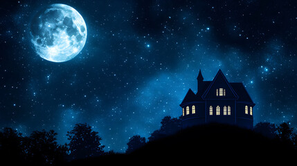 Mysterious Halloween scene with haunted house and moonlight.
