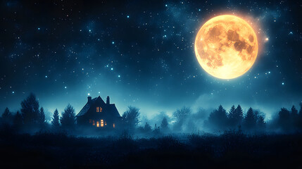 Mysterious Halloween scene with haunted house and moonlight.