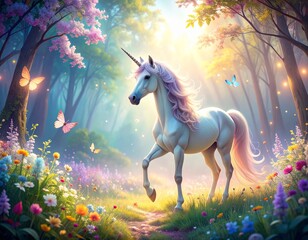 Obraz premium Magical unicorn in a pastel-colored forest, surrounded by glowing flowers and tiny fluttering butterflies. Whimsical, dreamy, fantasy scene, enchanted nature