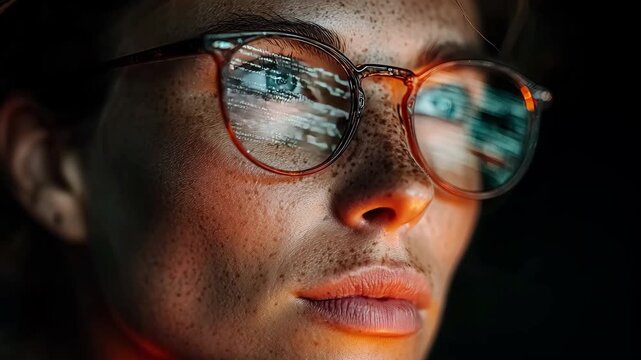 A close-up portrait of a young woman with glasses reflecting digital code, evoking a futuristic, tech-savvy vibe. The mood is intense and contemplative, suggesting themes of knowledge and innovation.