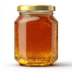 A jar of golden honey with a gold lid, showcasing its delicious sweetness