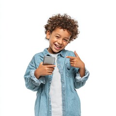 A joyful young child points excitedly at a smartphone he's holding, with a big smile on his face
