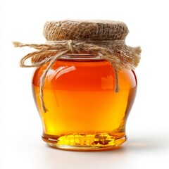 A beautifully crafted honey jar, filled with golden, viscous honey, sealed with a rustic lid, tied with twine, representing natural sweetness