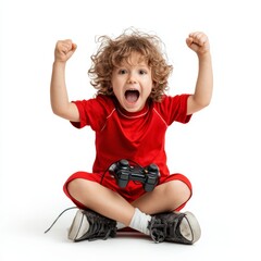 A cheerful kid enthusiastically enjoying a gaming session while holding a gamepad