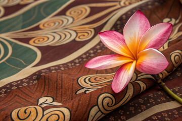 Closeup flower on batik sarong pattern background in Thailand