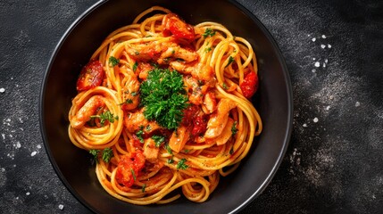 A bowl of spaghetti is topped with flavorful tomato sauce, pieces of chicken, and fresh herbs. This appetizing dish is set against a dark background, highlighting its savory appeal.