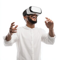 A Man in a VR headset, smiling, and reaching out his hands while experiencing a virtual reality game. The VR device allows the user to visualize computer-generated worlds