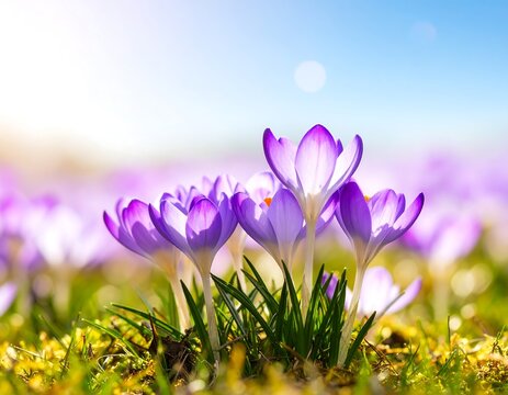 Purple crocuses in a meadow bathed in sunlight