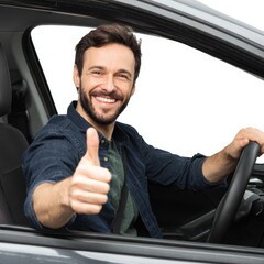 Smiling man inside car shows thumbs up gesture, representing approval, with a joyful expression