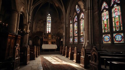 Fototapeta premium Gothic European church-turned-home interior, dramatic and artistic