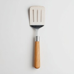 A close-up shot of a single spatula, with a wooden handle and a slotted head. The spatula is a kitchen tool often used for flipping or lifting food during cooking