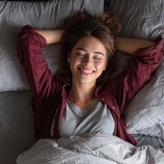 A blissful woman rests comfortably in bed, radiating peace and contentment, eyes closed, hands behind her head