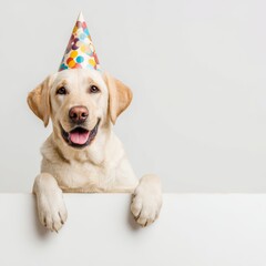 A cheerful dog wearing a party hat, with happy expression. It's the perfect image to celebrate special occasions. 