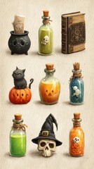 Creative display of Halloween potion bottles and spooky items in a whimsical art style