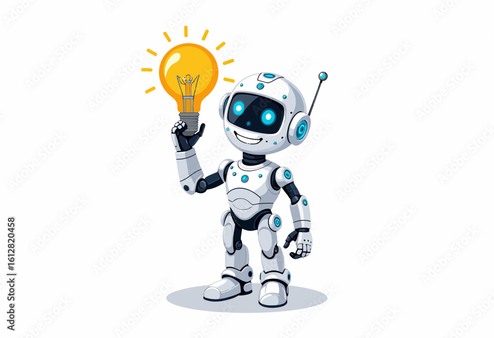 Poster robot holding light bulb and smiling with idea expression