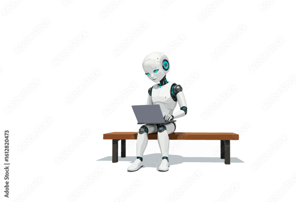 Poster robot sitting on bench and using laptop with a focused expression