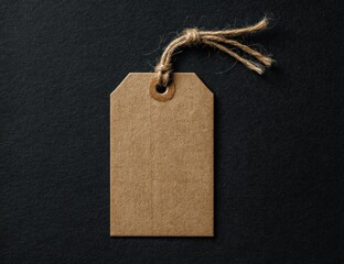 A simple, blank brown cardboard tag hangs on a dark, textured surface. Jute twine secures it, adding a rustic touch to the scene. The tag's plainness invites endless possibilities