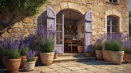 Fototapeta premium French countryside terrace, lavender pots, rustic charm, 3D architecture rendering