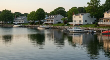 Fototapeta premium Houses and boats on waterfront at dusk
