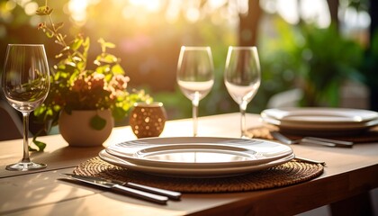 Sunlit outdoor table setting with plates, glasses, and flowers