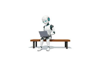 Fototapeta premium Robot sitting on bench and using laptop with a focused expression 