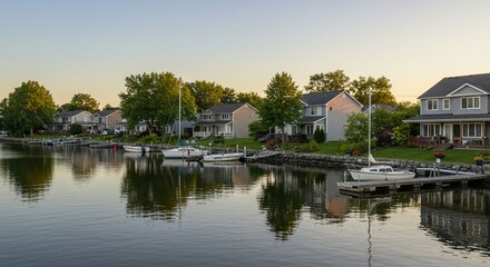 Obraz premium Houses by waterway dusk scene