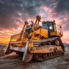 Heavy Machinery: A bulldozer parked at construction site during sunset, a symbol of progress. The golden light of the sunset paints the scene.