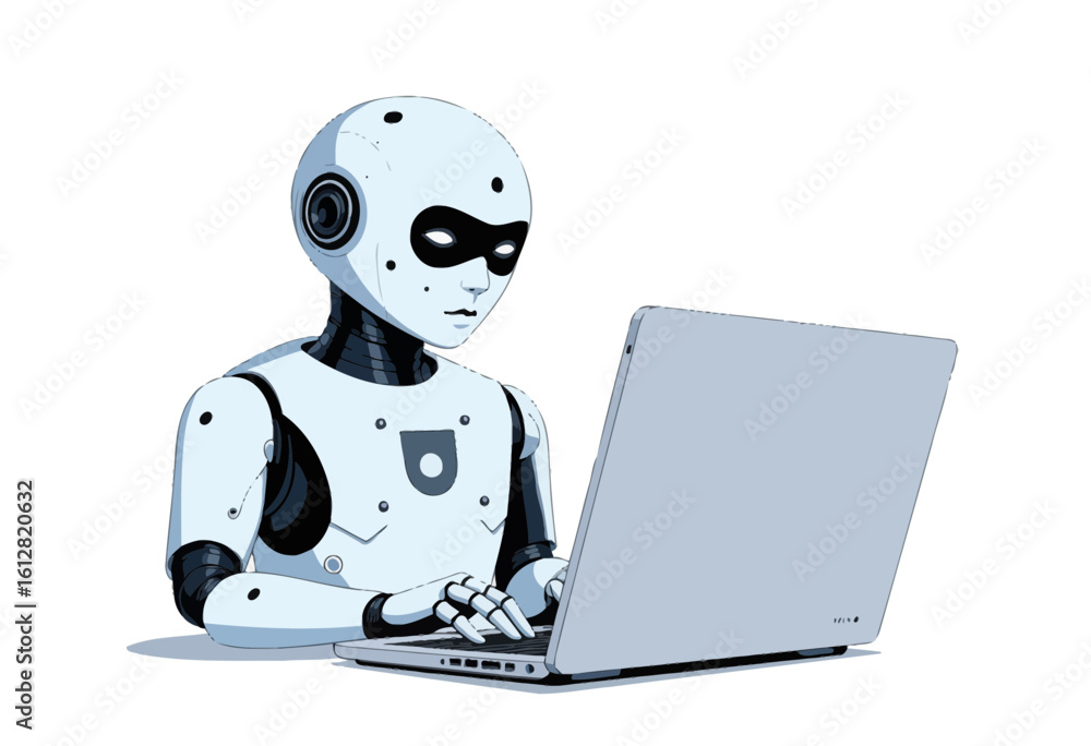 Poster robot working on laptop with focused expression in minimal design