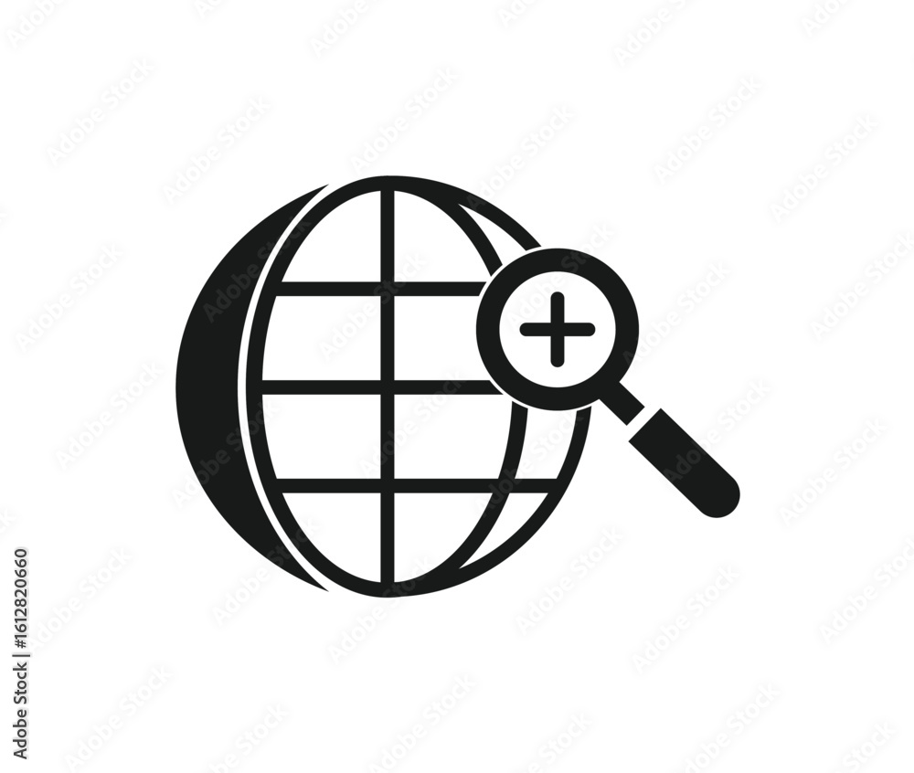 Poster globe icon with a magnifying glass showing a plus sign, symbolizing global search or zoom.