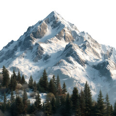 A snowy mountain peak towering over a dense forest of evergreen trees isolated on transparent background