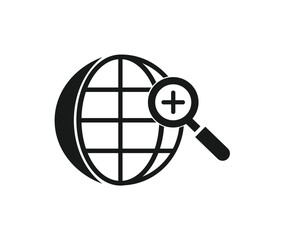 Globe icon with a magnifying glass showing a plus sign, symbolizing global search or zoom.