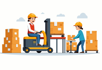 Two workers using forklift and cart to move boxes in warehouse  