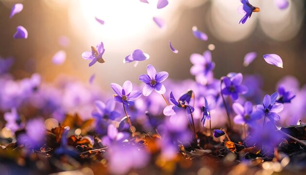 Sunlit purple wildflowers scattered across forest floor, petals falling - Powered by Adobe