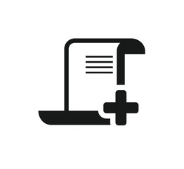 Black and white icon depicting a document with a plus sign, symbolizing addition or creation.