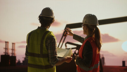 Engineers discussing blueprint at construction site during sunset