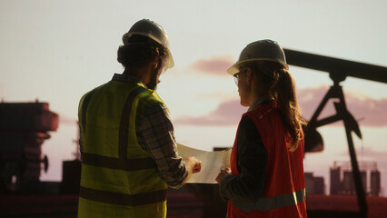 Engineers examining blueprints on oil platform at sunset
