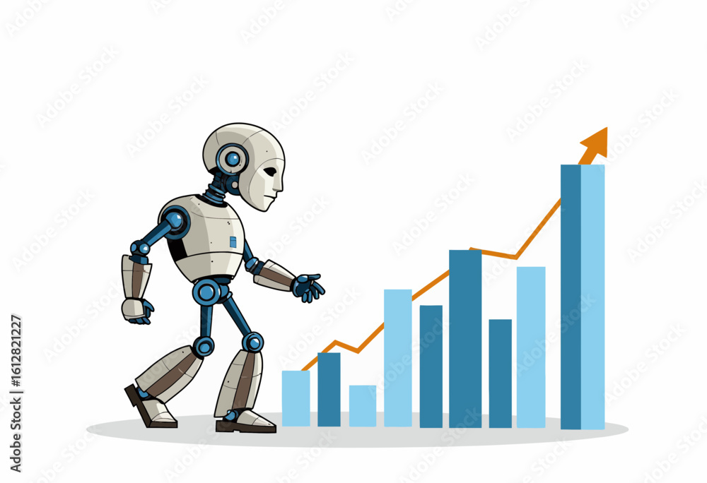 Poster robot analyzing growth chart with ascending bars on white background