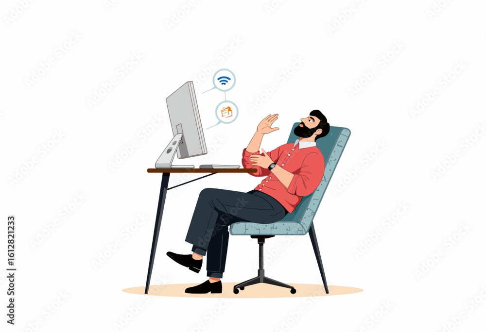 Poster young man sitting at desk and working on computer with icons
