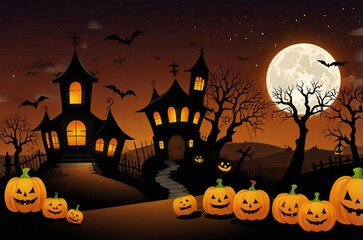 Fototapeta premium Spooky halloween night with haunted castles and jack o lanterns