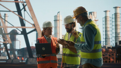 Engineers discussing industrial project using laptop and tablet in refinery plant
