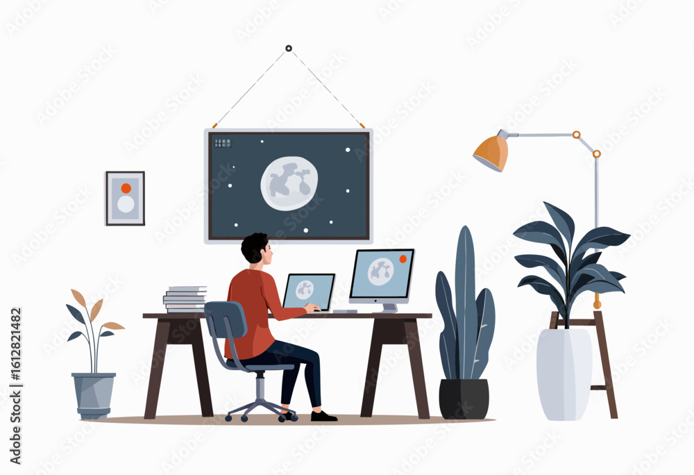 Aufkleber man working at desk with computers and plants in modern office