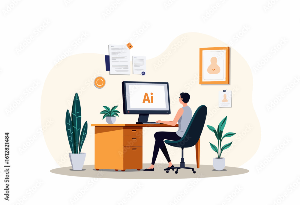 Poster man working on computer with design software in home office