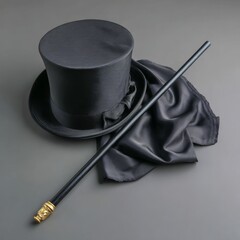 A classic top hat, scarf, and cane resting. The objects are arranged, creating a sophisticated scene. The arrangement gives a magical feeling, it can be used for any theme