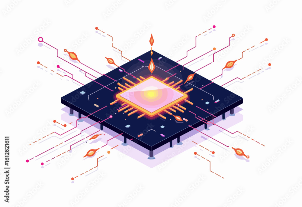 Poster abstract digital microchip design with glowing light and connections