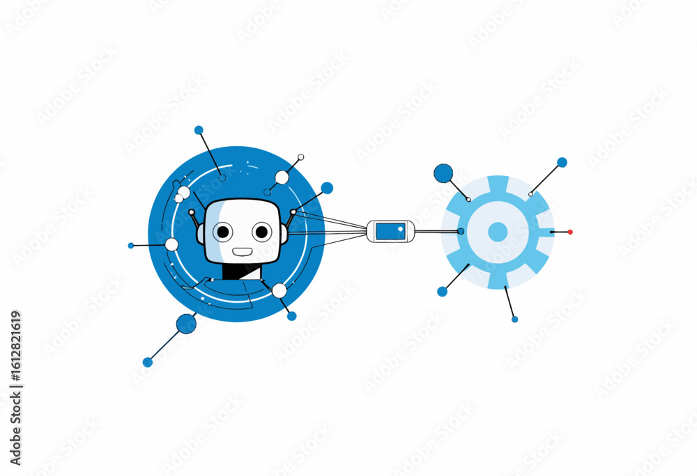 Poster friendly robot character interacting with technology in blue tones