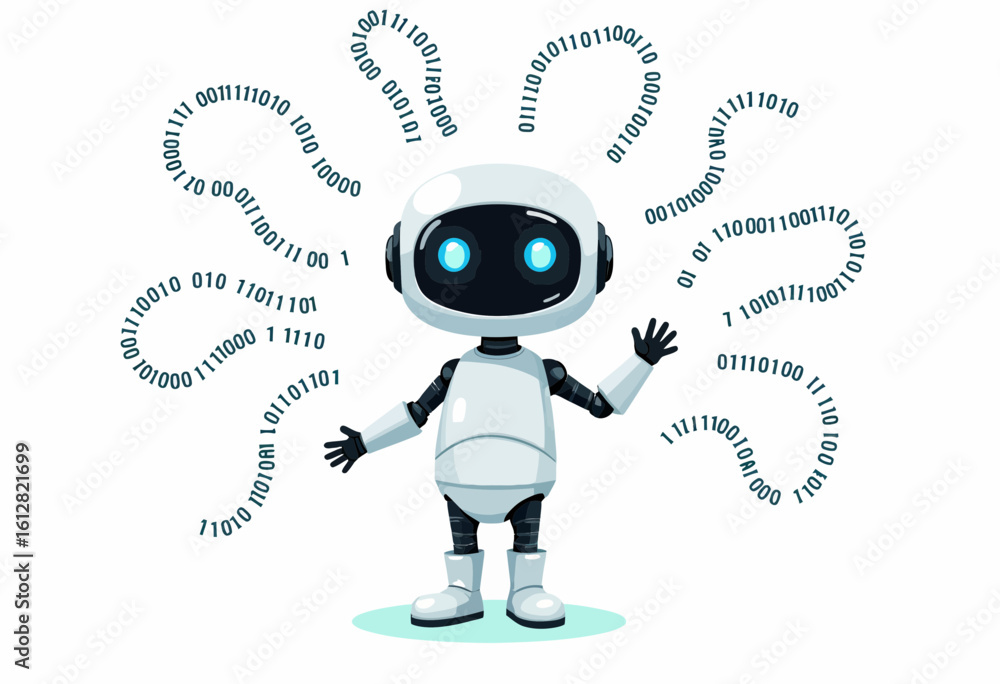 Poster cartoon robot character with digital numbers in playful pose