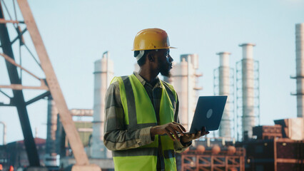 Industrial engineer working on a laptop at construction site