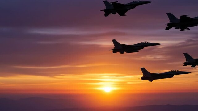 Silhouette of fighter jets against a vibrant sunset